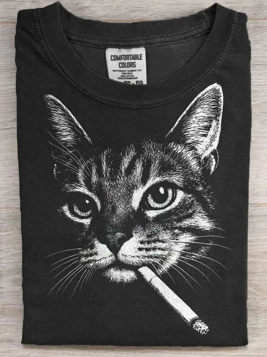 Funny Cat Smoking Print Casual Koszulka z krótkim rękawem