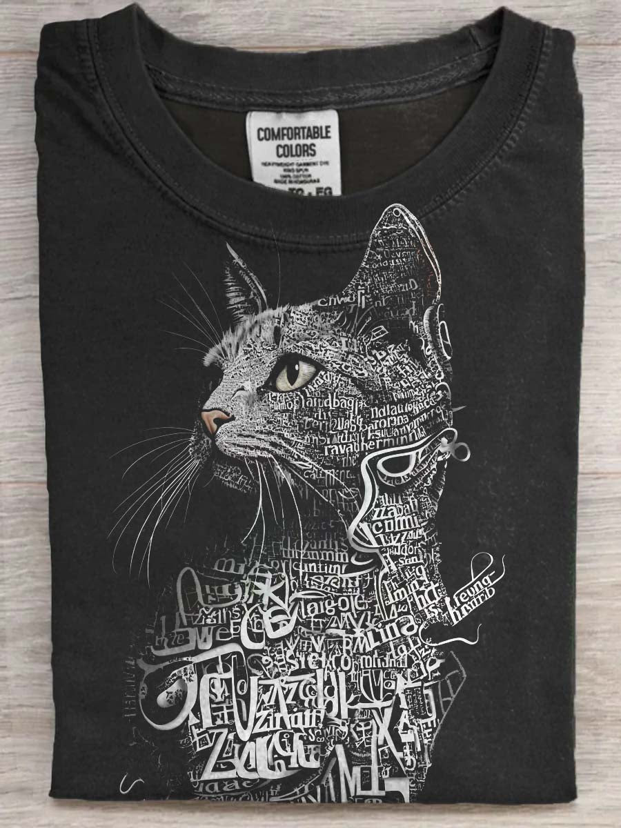 Abstrakcyjny alfabet Kot Print Casual Koszulka z krótkim rękawem