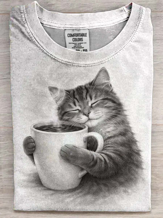 Coffee Cat Print Casual Koszulka z krótkim rękawem