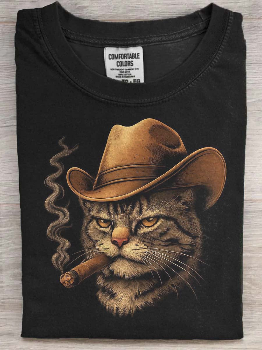 Denim Cat Print Casual Koszulka z krótkim rękawem