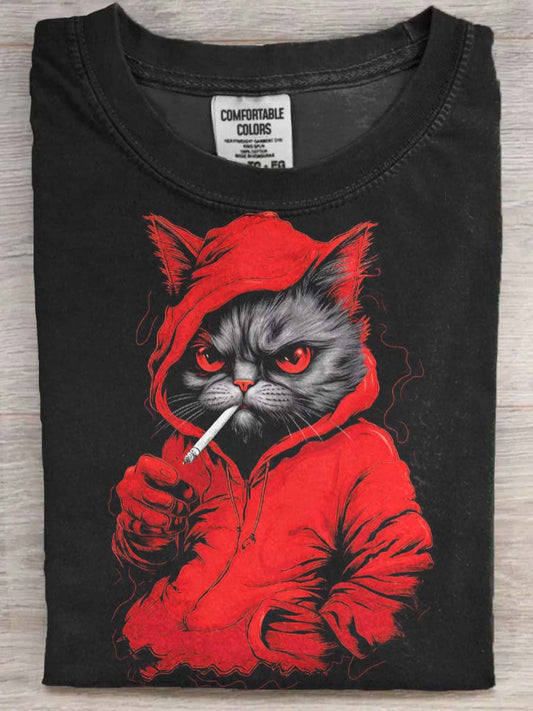 Funny Cat Smoking Print Casual Crew Neck Krótki rękaw T-Shirt