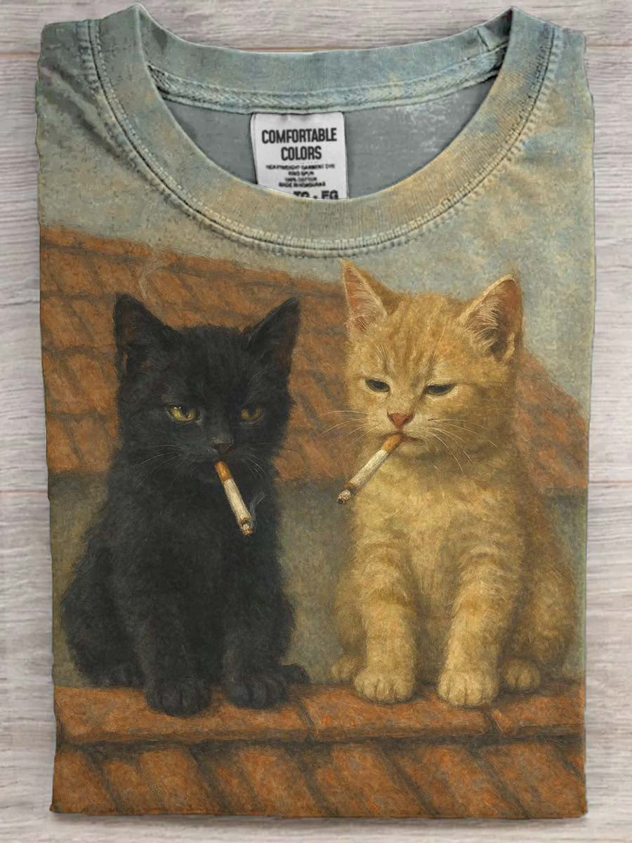 Fun Cat Smoking Print Casual Koszulka z krótkim rękawem