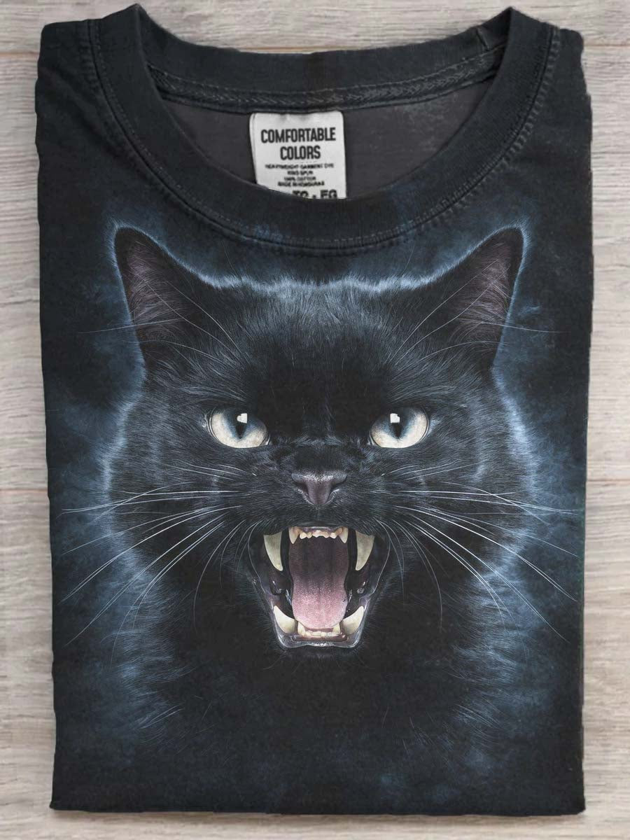 Halloween Angry Cat Print Casual Koszulka z krótkim rękawem