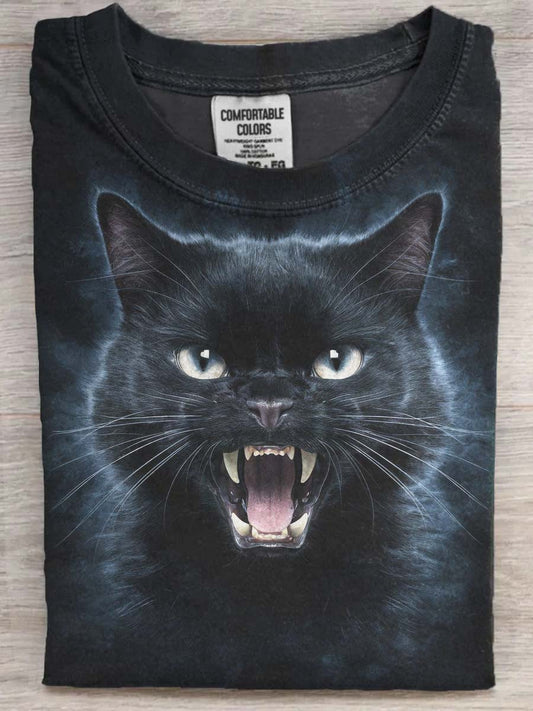 Halloween Angry Cat Print Casual Koszulka z krótkim rękawem