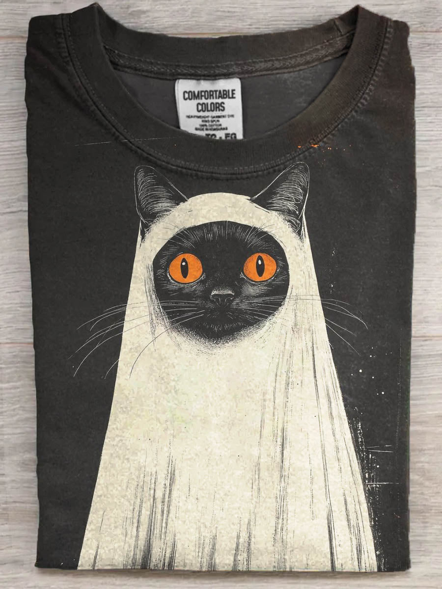 Halloween Black Cat Print Casual Koszulka z krótkim rękawem