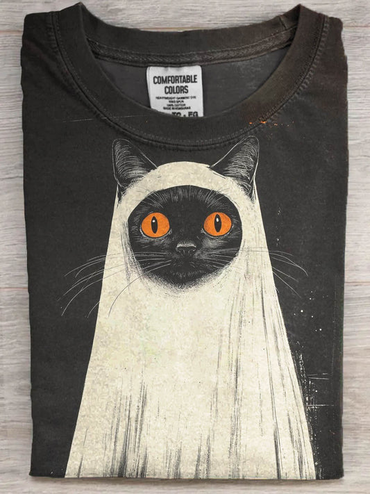 Halloween Black Cat Print Casual Koszulka z krótkim rękawem