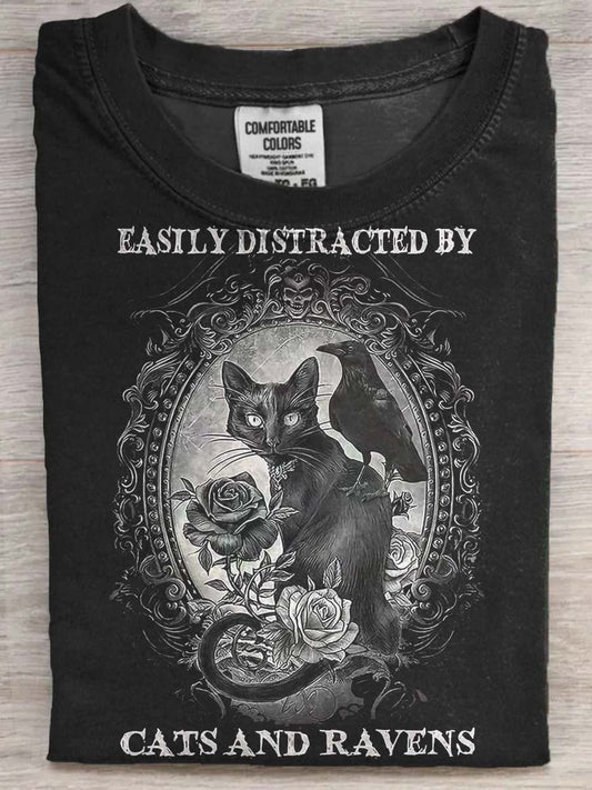 Halloween Black Cat and Raven Print Casual Koszulka z krótkim rękawem