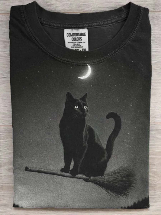 Halloween Black Cat Print Casual Koszulka z krótkim rękawem