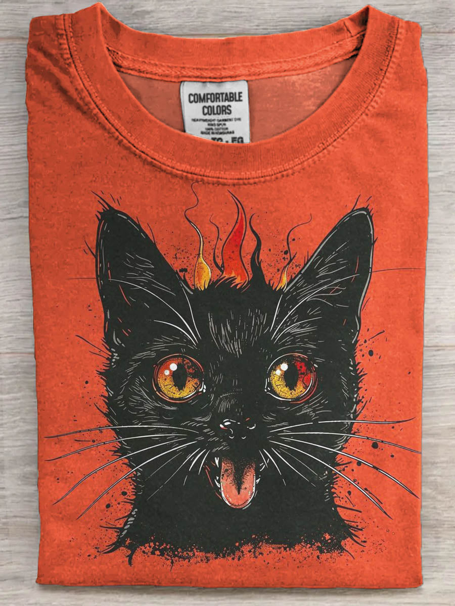 Halloween Black Cat Print Casual Koszulka z krótkim rękawem