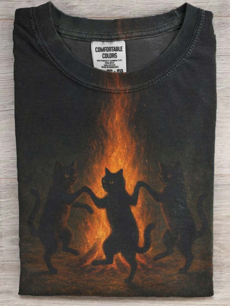 Halloween Bonfire Cat Print Casual Koszulka z krótkim rękawem