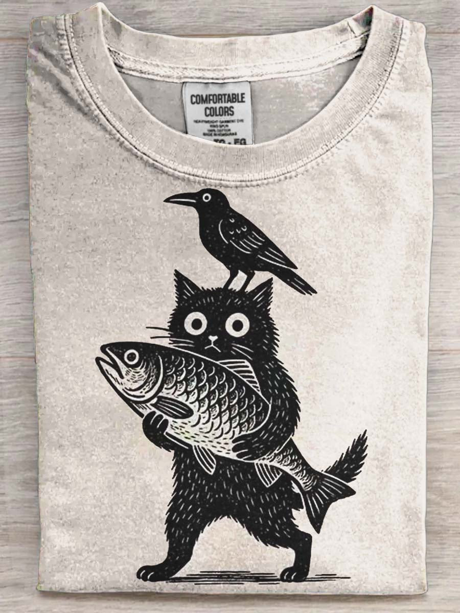 Funny Cat Crow Print Casual Koszulka z krótkim rękawem