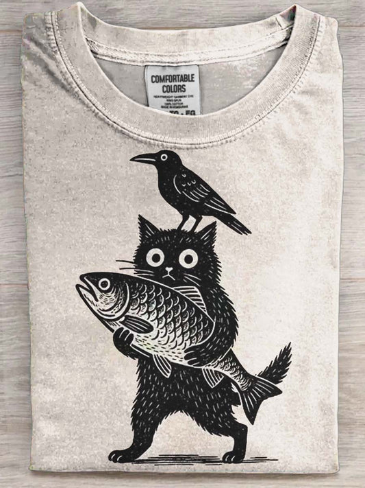 Funny Cat Crow Print Casual Koszulka z krótkim rękawem