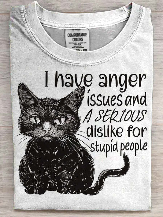 „ Anger Issues ”Cat Print Casual Koszulka z krótkim rękawem