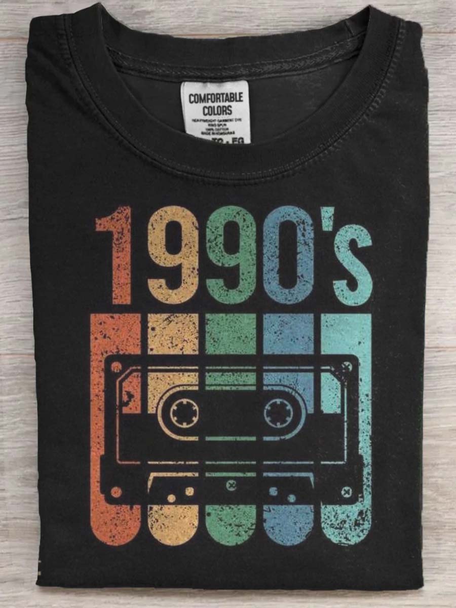 Vintage Tape Print Casual Koszulka z krótkim rękawem