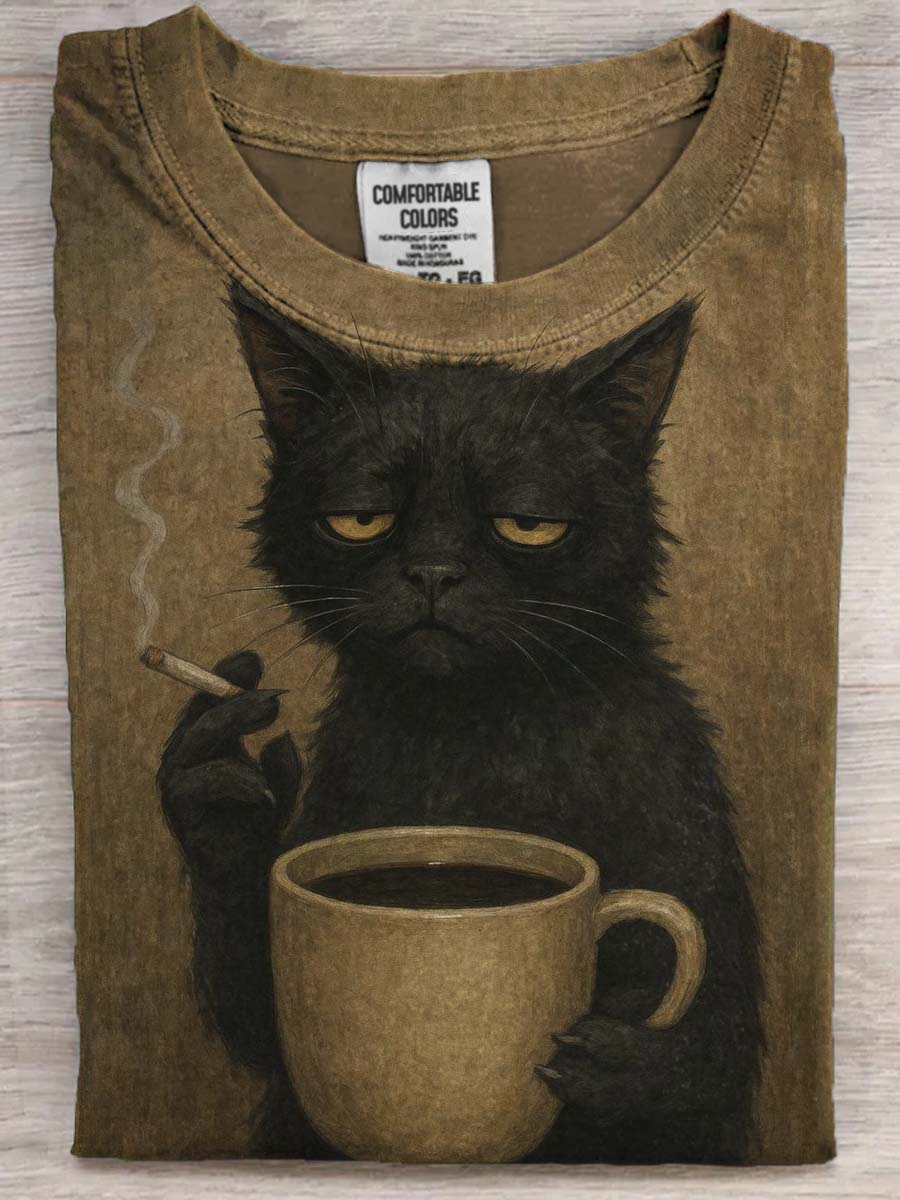 Good Morning Cat Print Casual Koszulka z krótkim rękawem