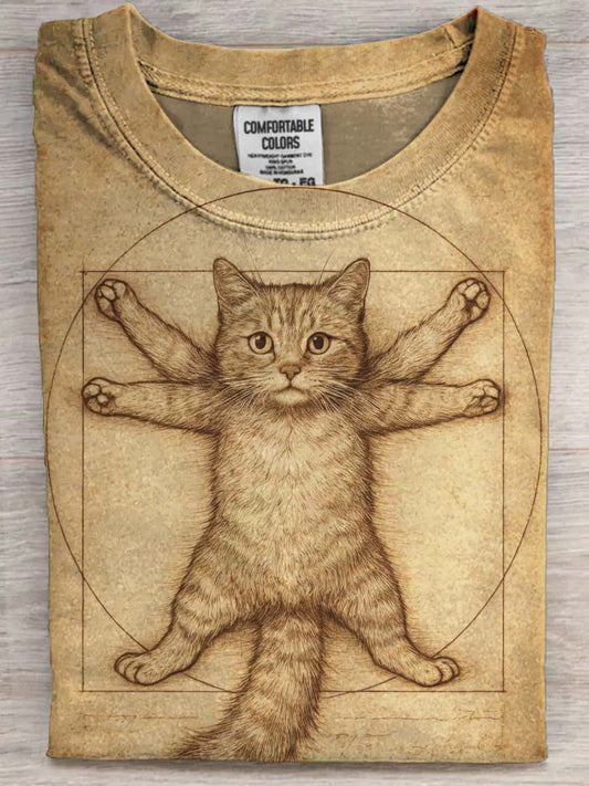 Funny Vitruvius Kitten Sketch Print Casual Koszulka z krótkim rękawem