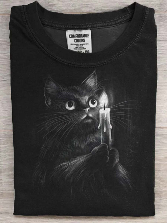 Candle Cat Print Casual Koszulka z krótkim rękawem