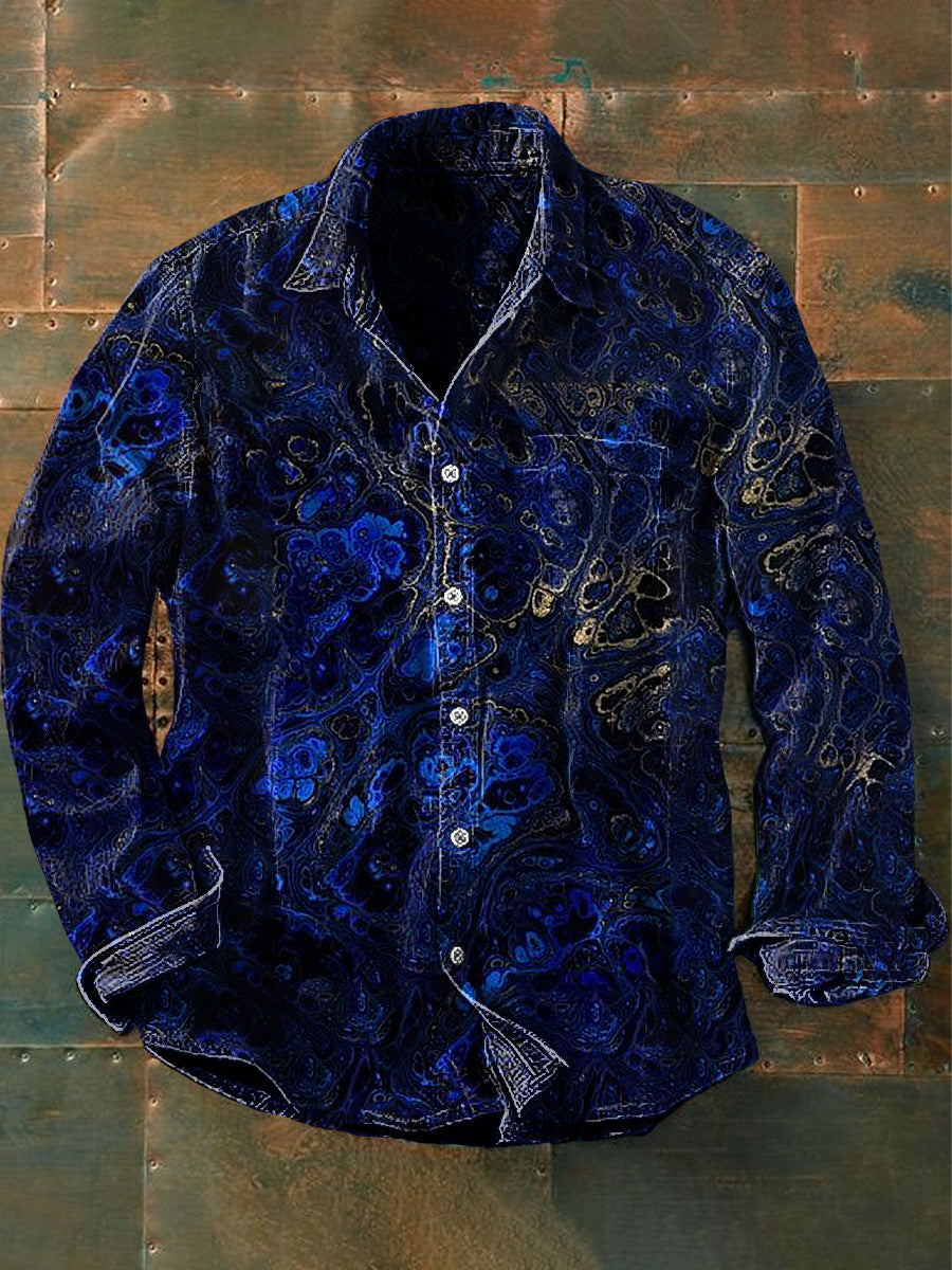 Męska koszulka z długim rękawem Unisex w stylu vintage Lapis Lazuli Złoty wzór abstrakcji