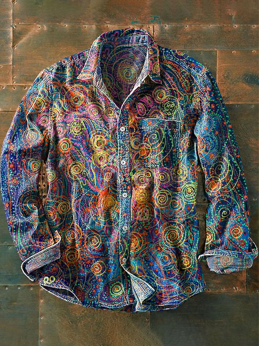 Unisex Vintage Multicolor abstrakcyjna linia artystyczna z nadrukiem w klapie z długim rękawem kieszonkowa koszula