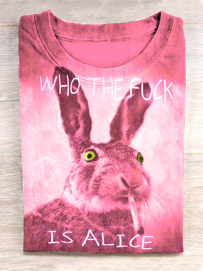 Funny Cute Bunny Smoking Print Casual Koszulka z krótkim rękawem