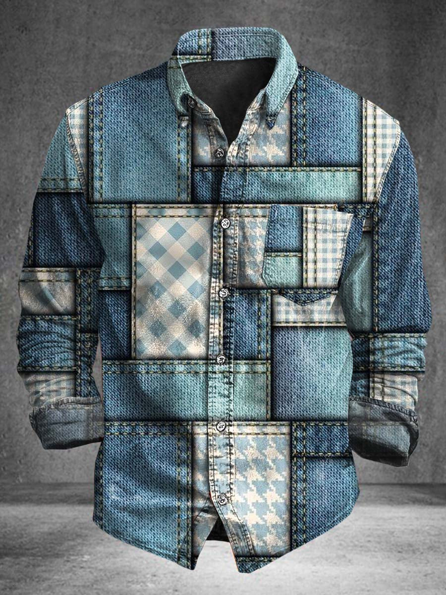 Dżinsowa koszula z długim rękawem Patchwork Print Casual