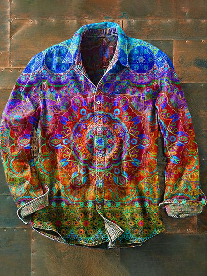 Męska koszula z długim rękawem w stylu vintage Mandala Print Casual Lapel