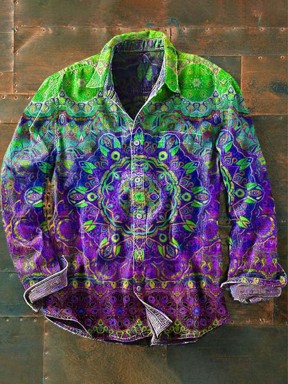 Męska koszula z długim rękawem w stylu vintage Mandala Print Casual Lapel