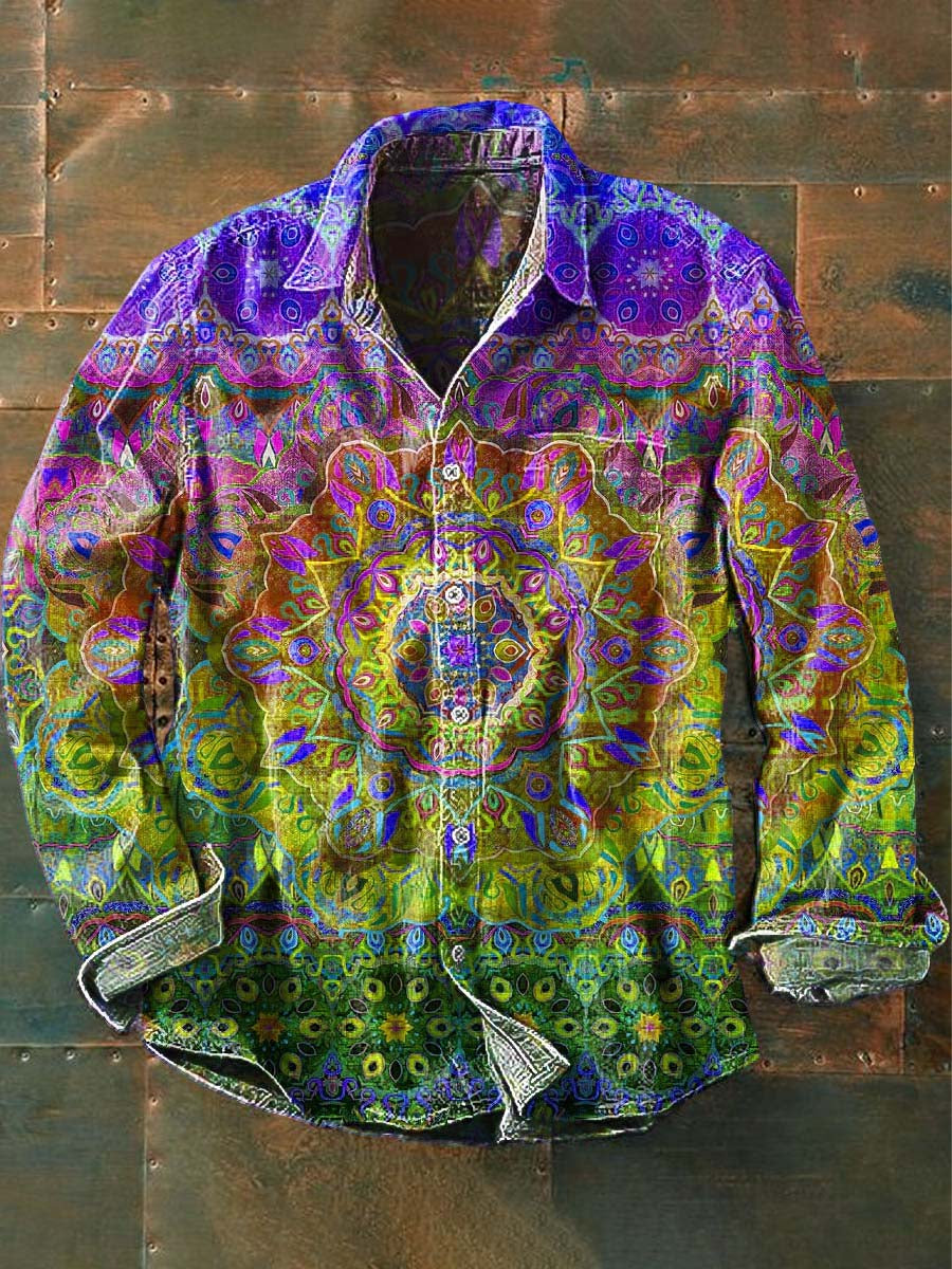 Męska koszula z długim rękawem w stylu vintage Mandala Print Casual Lapel