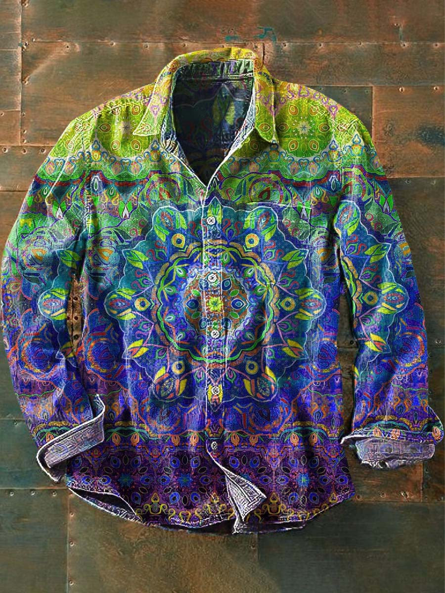 Męska koszula z długim rękawem w stylu vintage Mandala Print Casual Lapel