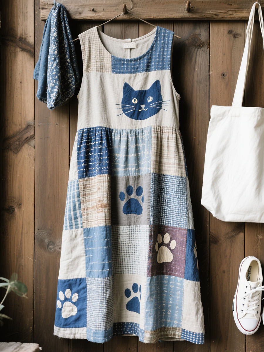 Damski piękny wzór kota Patchwork Art Lniana sukienka mieszana