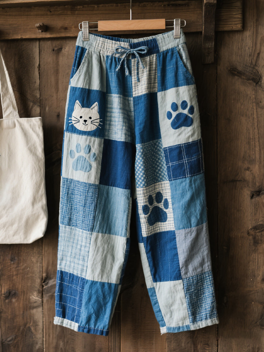 Damskie śliczne spodnie z motywem kota Patchwork Art Lniane spodnie