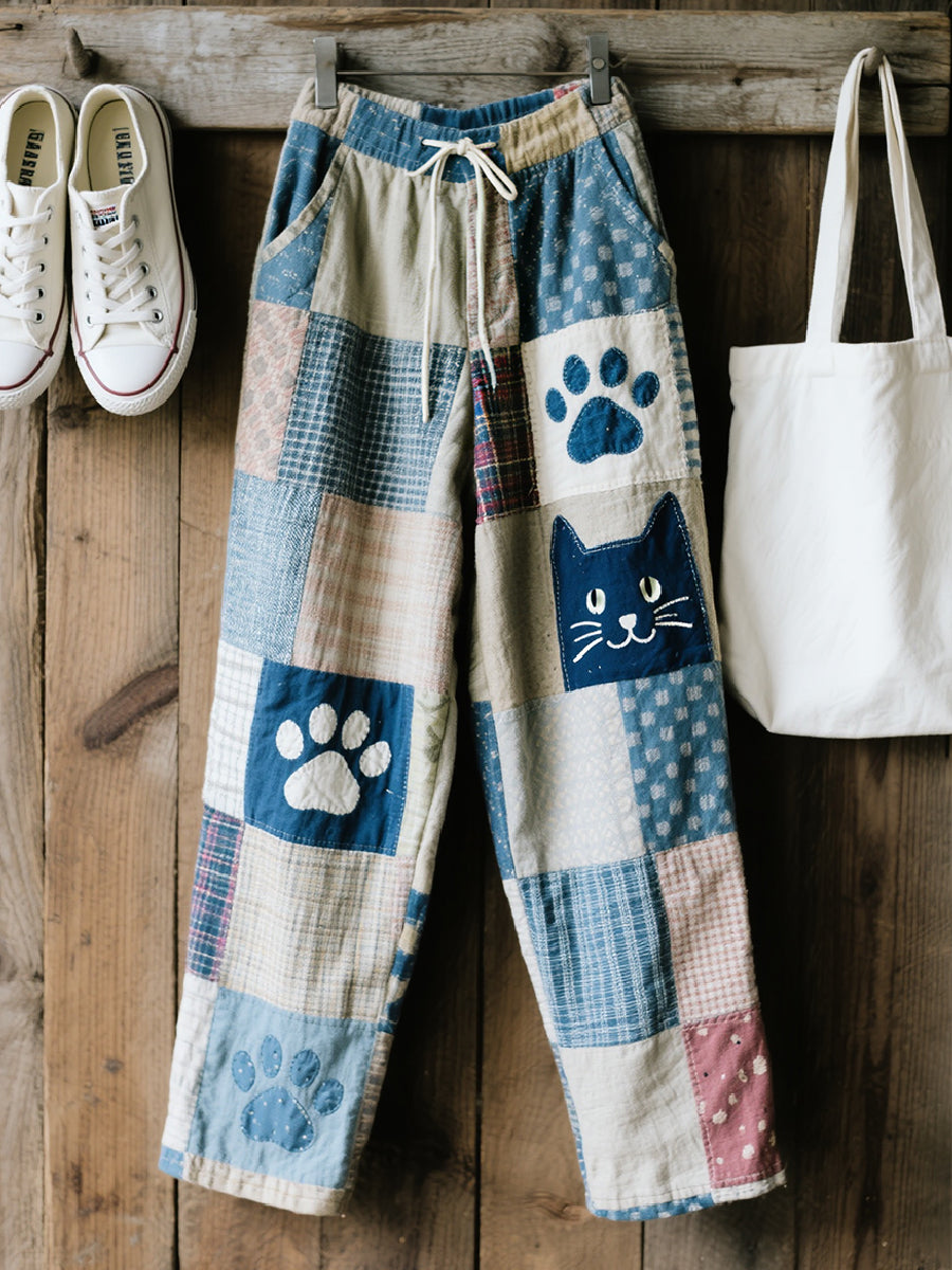 Damskie śliczne spodnie typu cat patchwork art lniane spodnie