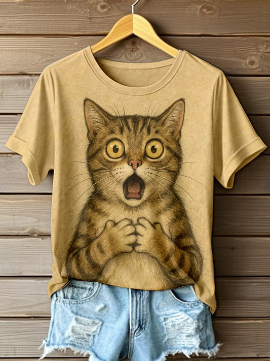 Damska koszulka z krótkim rękawem w stylu vintage Cat Art Print