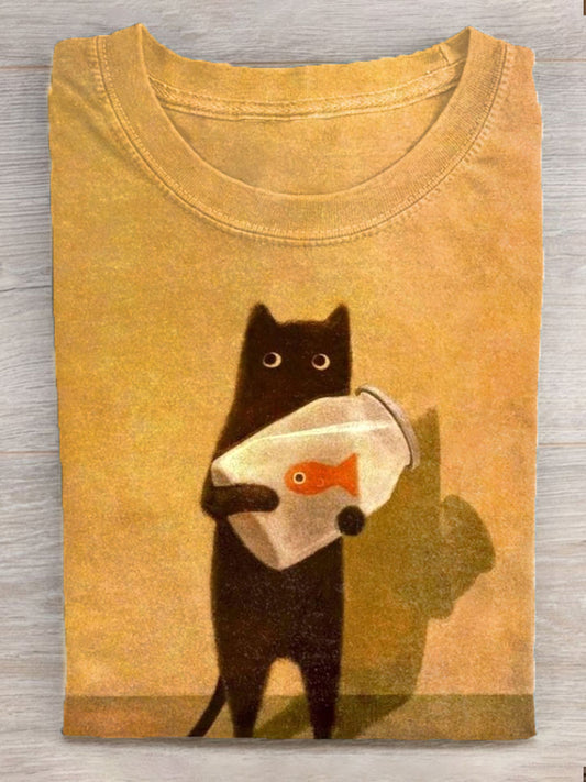 Damska koszulka z krótkim rękawem w stylu vintage Cat Art Print