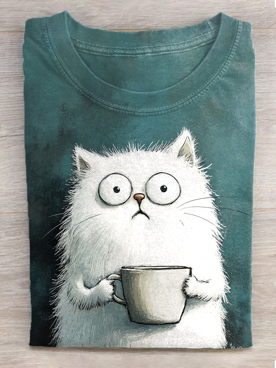 Damska koszulka z krótkim rękawem Cute Cat Print Vintage