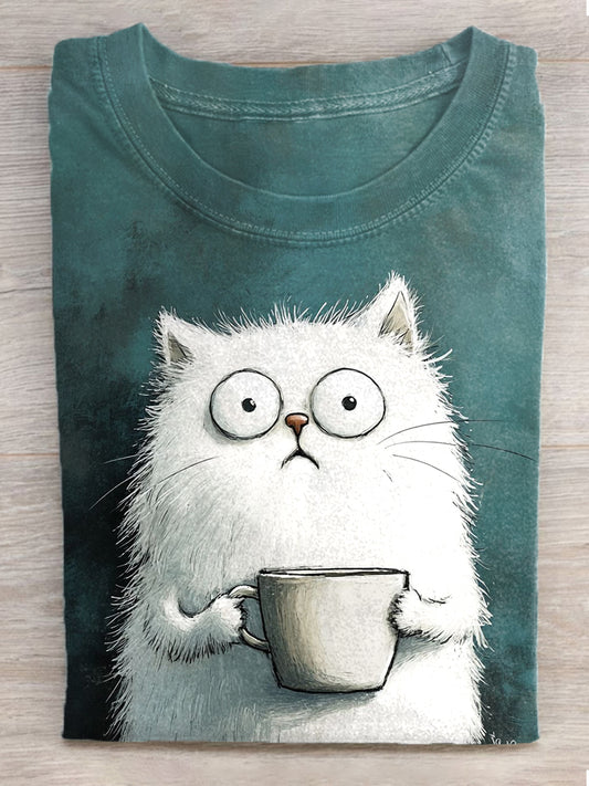 Damska koszulka z krótkim rękawem Cute Cat Print Vintage