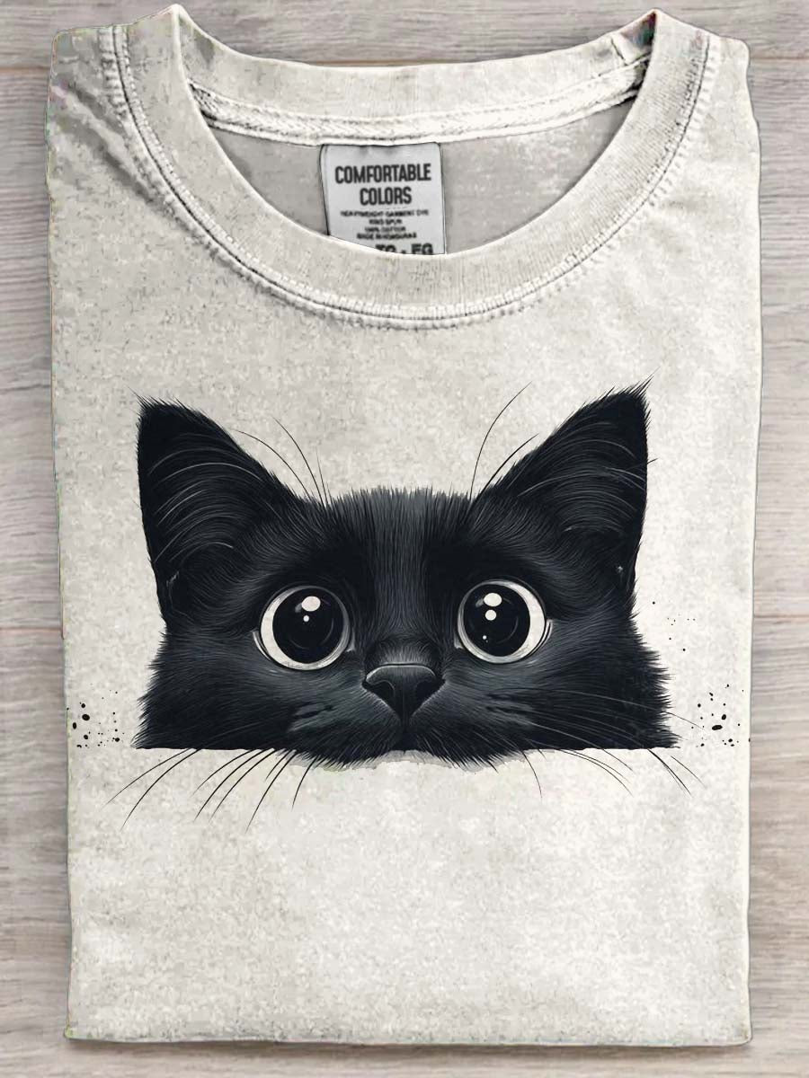 Spooky Black Cat Print Casual Koszulka z krótkim rękawem