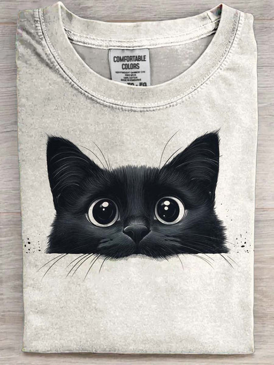 Spooky Black Cat Print Casual Koszulka z krótkim rękawem