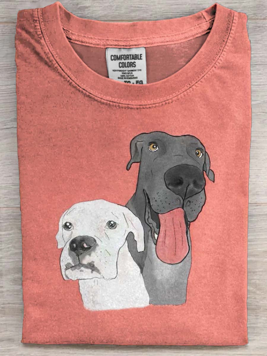 Double Dog Head Print Casual Koszulka z krótkim rękawem