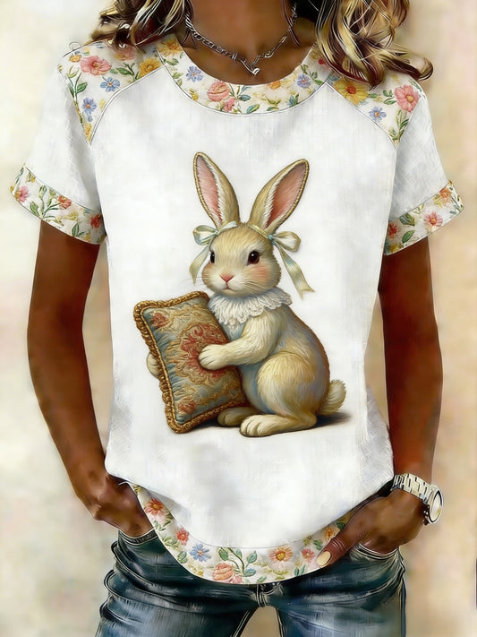 Damska koszulka z krótkim rękawem Retro Cute Bunny Easter Casual