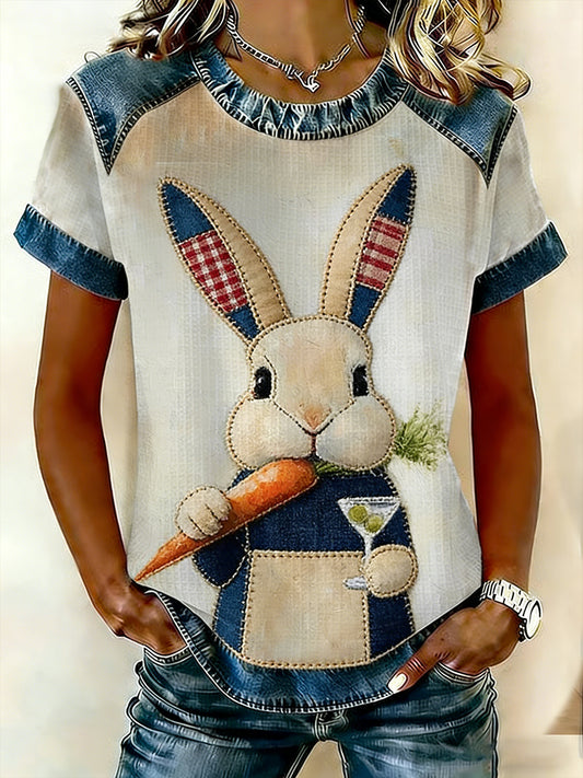Damska koszulka z krótkim rękawem Easter Bunny Art Patchwork Print Waffle