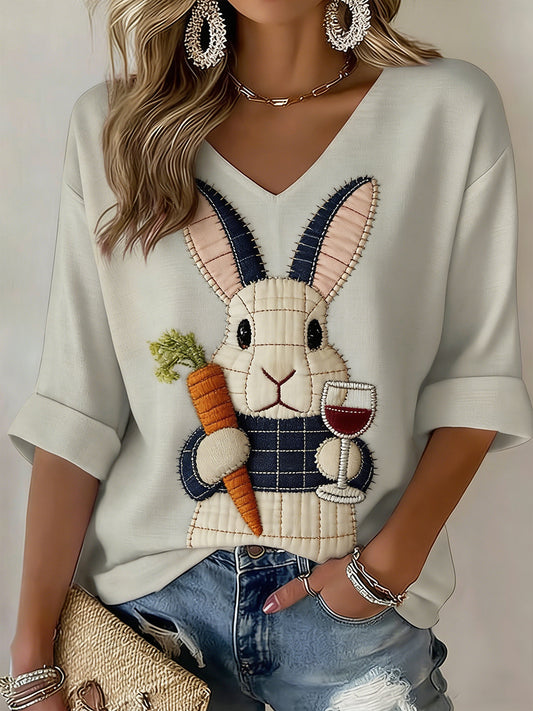 Damska koszulka z długim rękawem Easter Bunny Art V-Neck