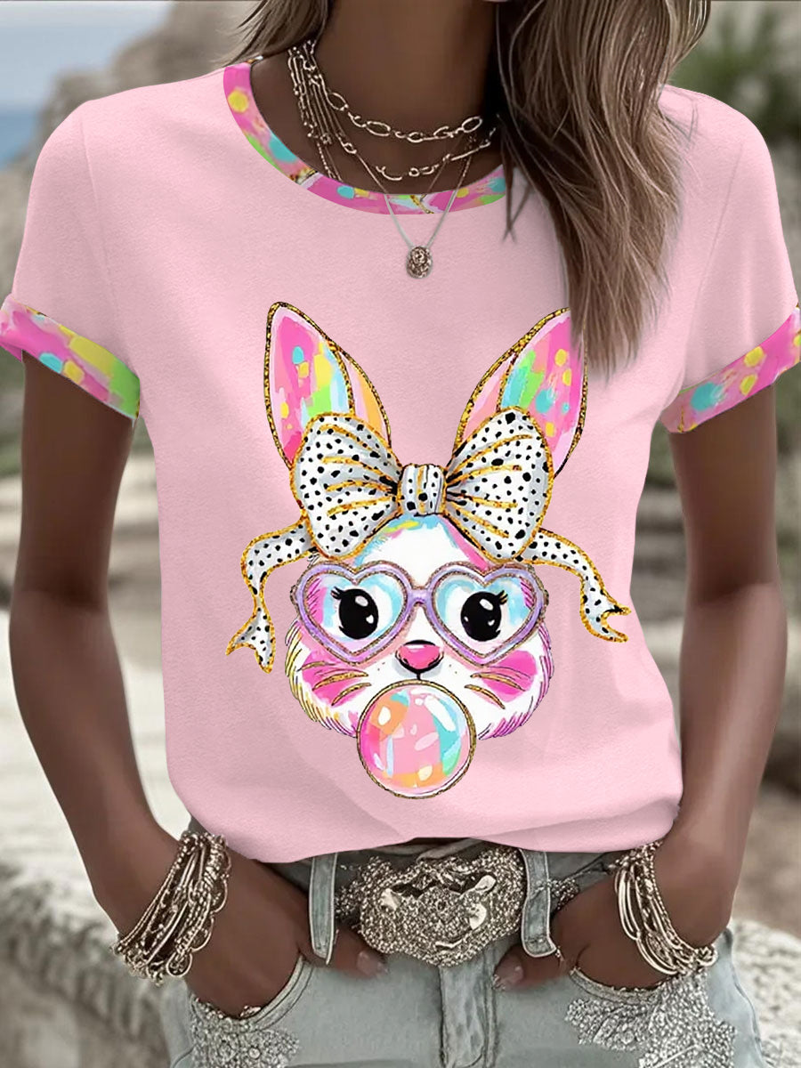 Damski słodki brokat Wielkanocny króliczek Coquette T-shirt z krótkim rękawem