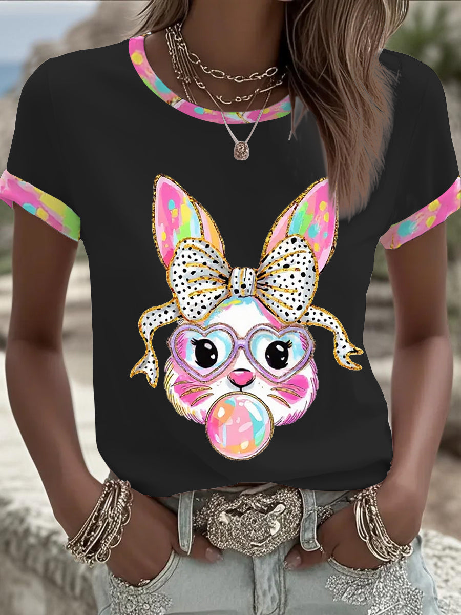 Damski słodki brokat Wielkanocny króliczek Coquette T-shirt z krótkim rękawem