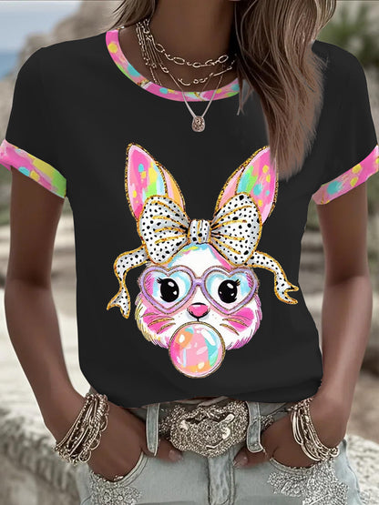 Damski słodki brokat Wielkanocny króliczek Coquette T-shirt z krótkim rękawem