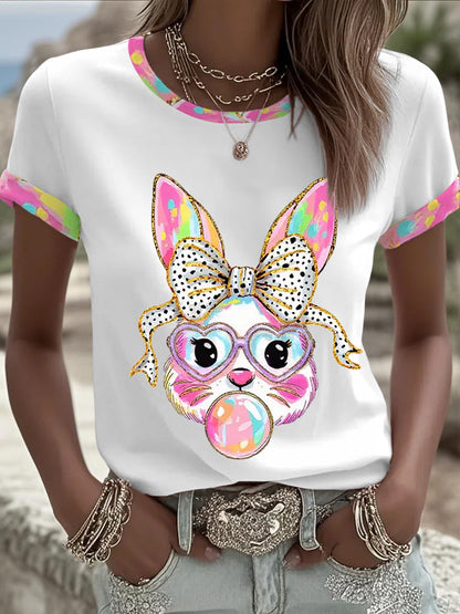 Damski słodki brokat Wielkanocny króliczek Coquette T-shirt z krótkim rękawem
