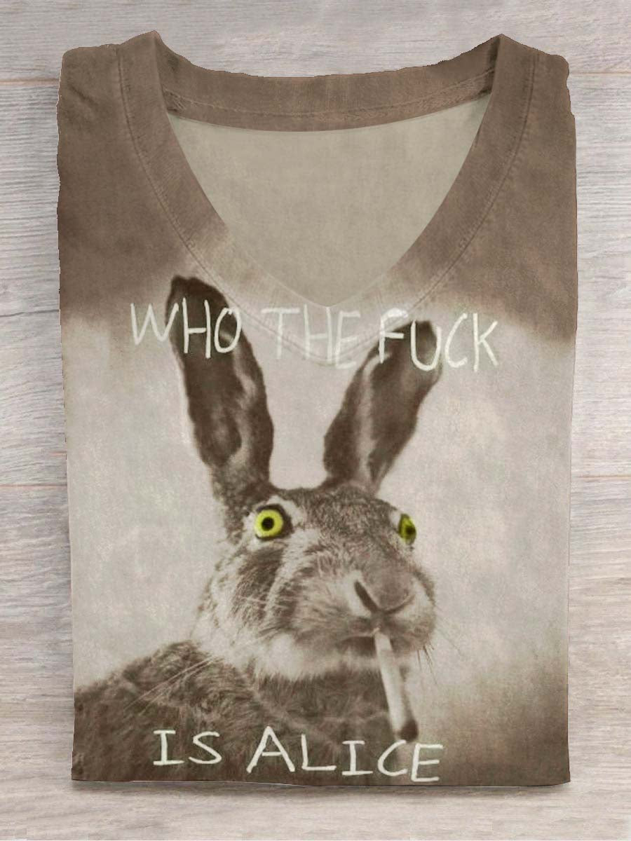 Funny Cute Bunny Smoking Print Casual Koszulka z krótkim rękawem