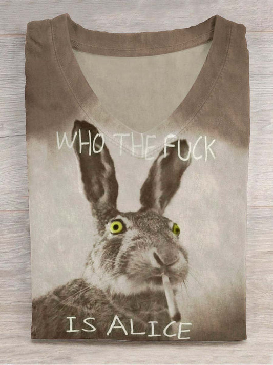 Funny Cute Bunny Smoking Print Casual Koszulka z krótkim rękawem
