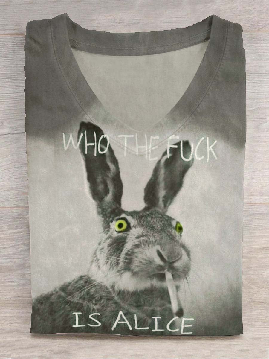 Funny Cute Bunny Smoking Print Casual Koszulka z krótkim rękawem