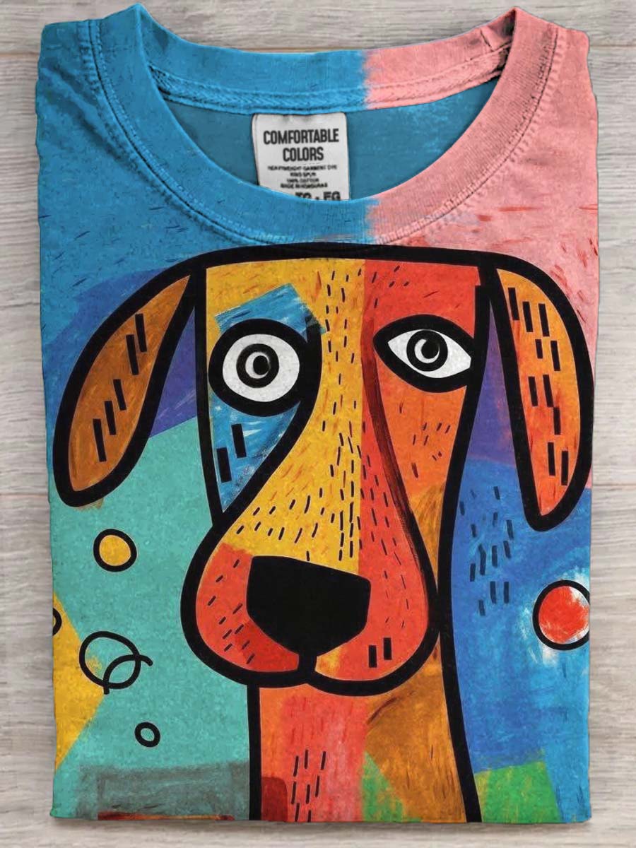 Abstrakcyjna kolorowa Puppy Print Casual Koszulka z krótkim rękawem